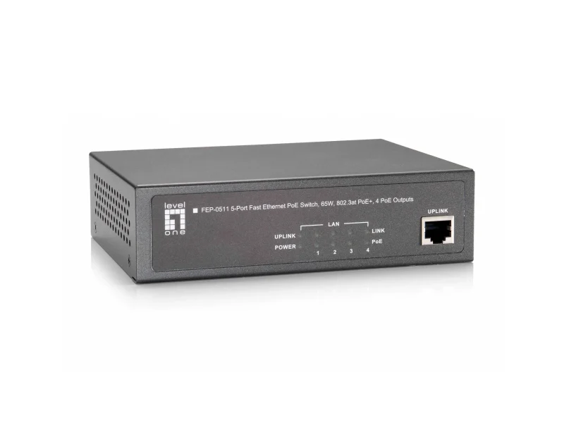 FEP-0511W90, 5-Port Fast Ethernet PoE Switch, 802.3af/bei PoE, 4-Port PoE Ausgänge, 90W Leistungsbudget