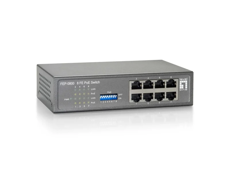 FEP-0800, 8-Port Fast Ethernet PoE Switch, 802.3af/bei PoE, 8-Port PoE Ausgänge, 90W Leistungsbudget