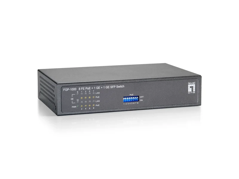 FGP-1000W90, 10-Port Fast Ethernet PoE Switch, 1 x Gigabit RJ45, 1 x Gigabit SFP, 802.3af/bei PoE, 8-Port PoE Ausgänge, 90W Leistungsbudget
