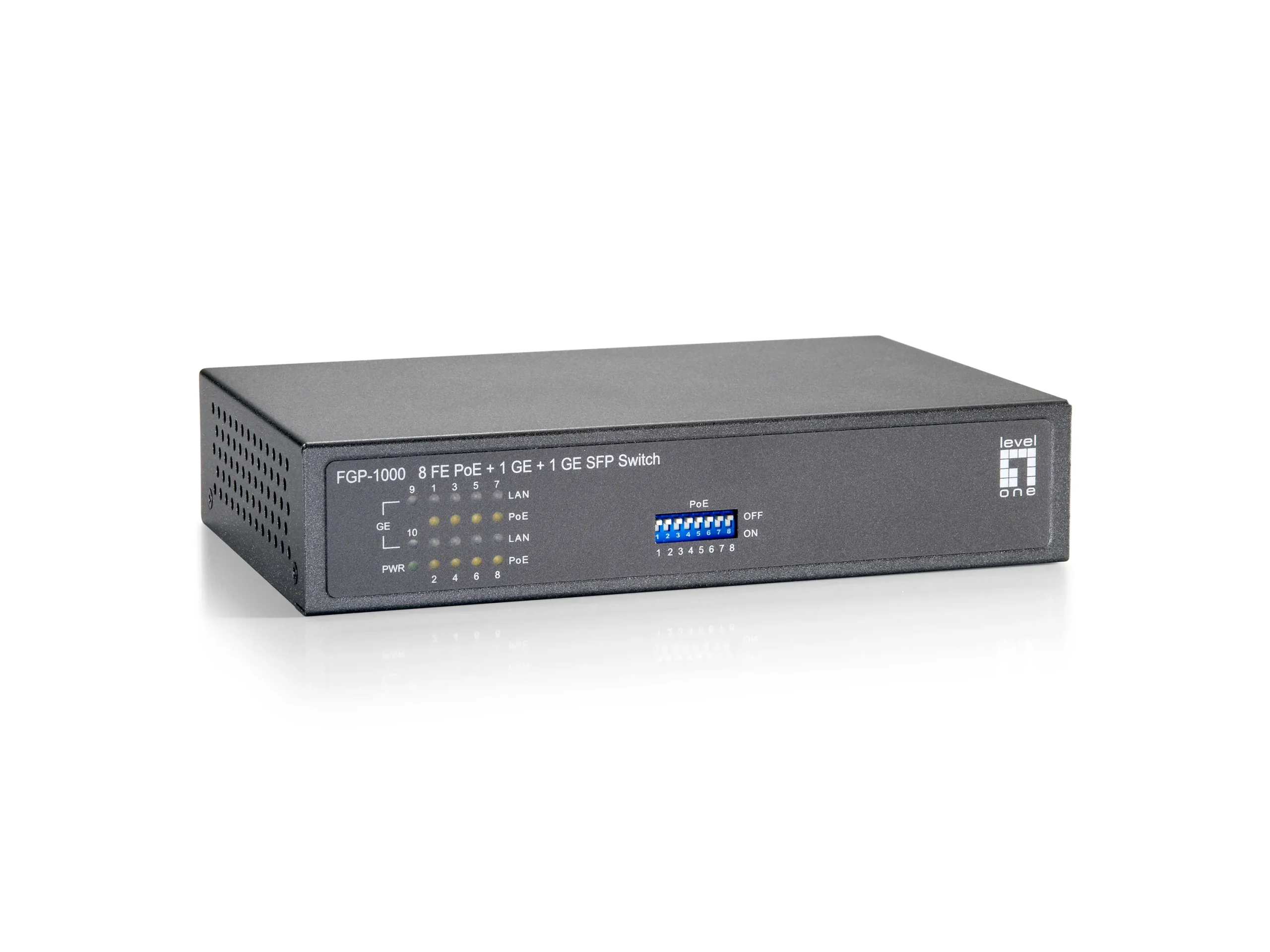 FGP-1000W90, 10-Port Fast Ethernet PoE Switch, 1 x Gigabit RJ45, 1 x Gigabit SFP, 802.3af/bei PoE, 8-Port PoE Ausgänge, 90W Leistungsbudget