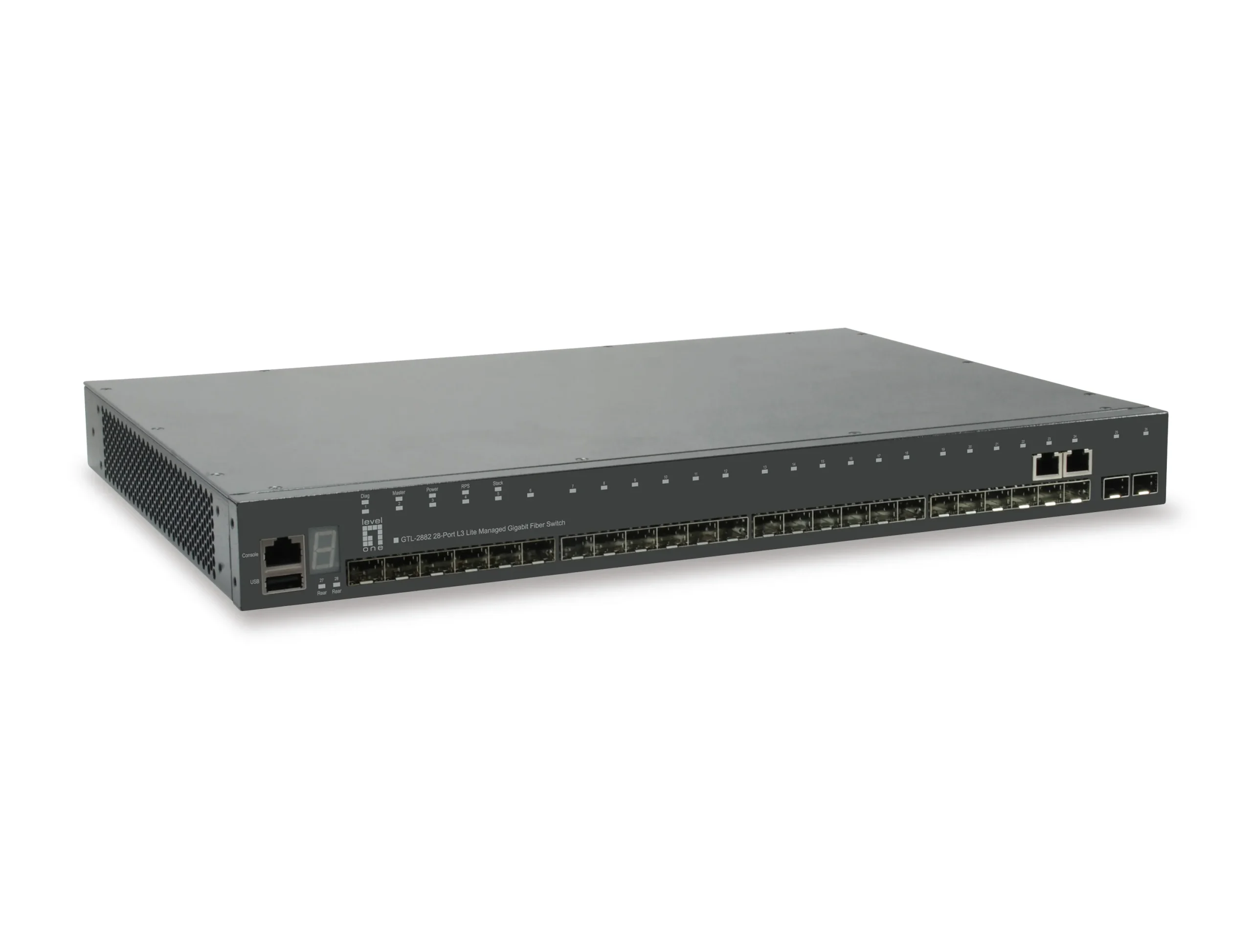 KILBY 28-Port Stackable L3 Lite Managed Gigabit Glasfaser Switch, 2 x Gigabit SFP/RJ45 Combo, 2 x 10GbE SFP+, 1 x 10GbE Modul Steckplatz