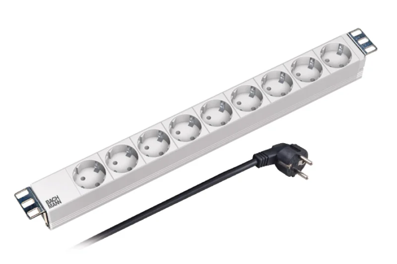 19″ 1HE Steckdosenleiste 9x Schutzkontakt ohne Schalter, grau