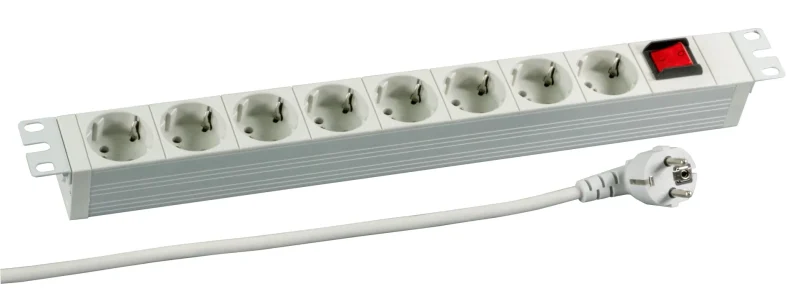 19″ 1HE Steckdosenleiste 8 x CEE 7/3 mit Schalter, RAL7035