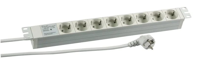19″ 1HE Steckdosenleiste 8 x CEE 7/3 mit Überspannungsschutz, RAL7035