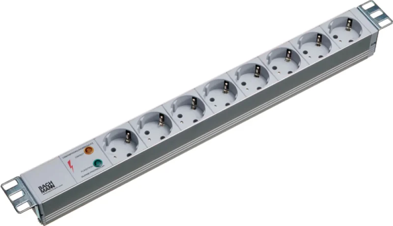 19″ 1HE Steckdosenleiste 7 x Schutzkontakt mit ÜSS und Schalter, grau