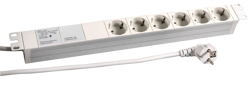 19″ 1HE Steckdosenleiste 6 x CEE 7/3 mit Gerätevollschutz, RAL7035