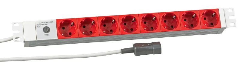 19″ 1HE Steckdosenleiste 8 x CEE7/3 rot, Zuleitung C14 für USV, RAL7035
