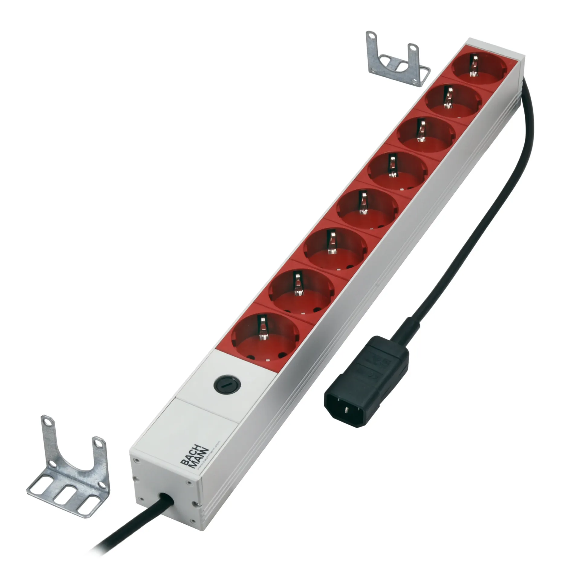19" 1HE Steckdosenleiste 8 x Schutzkontakt (rot) mit Zuleitung IEC C1