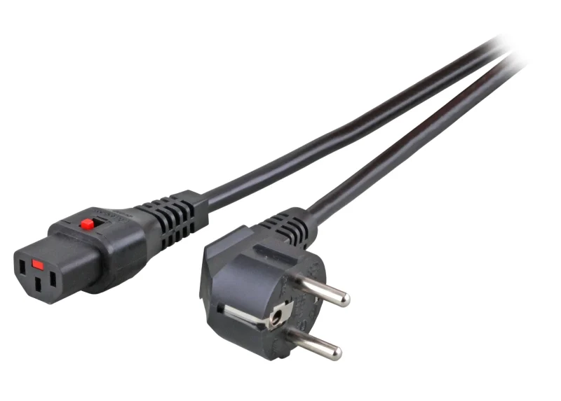 Netzleitung CEE7/7 gewinkelt 90° – C13 180° IEC Lock, schwarz, 2,0 m