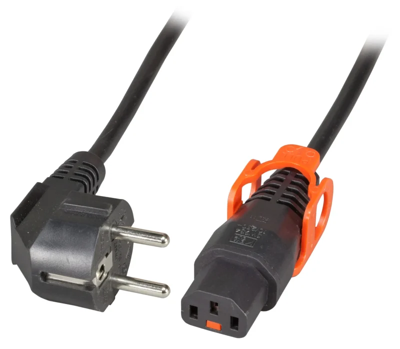 Netzleitung CEE7/7 gewinkelt 90° – C13 180° IEC Lock+, schwarz, 2,0 m