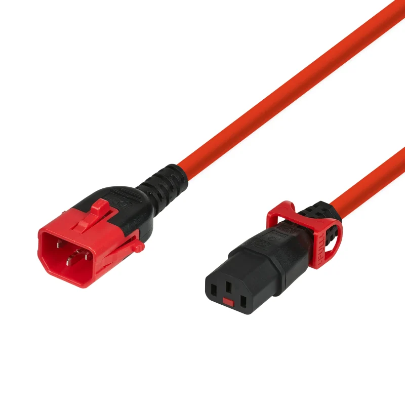 Kaltgeräteverlängerung Dual-Lock C14 – C13 IEC Lock, rot, 0,5 m