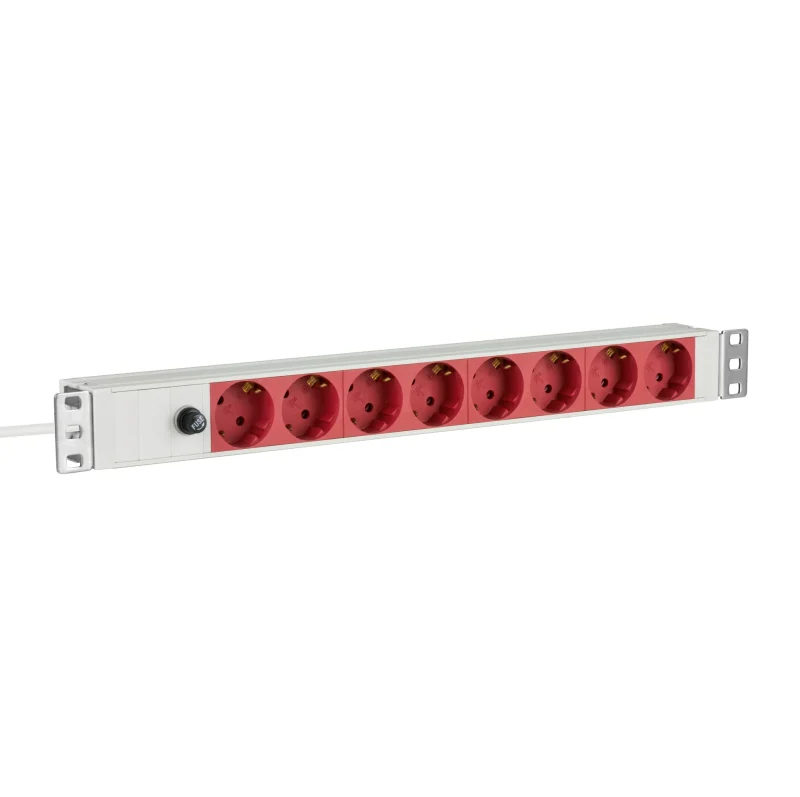 19“ 1HE Steckdosenleiste 8 x CEE 7/3 rot, Zuleitung C14, 10A Feinsicherung, grau