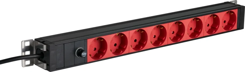 19“ 1HE Steckdosenleiste 8 x CEE 7/3 rot, Zuleitung C14, 10A Feinsicherung, schwarz