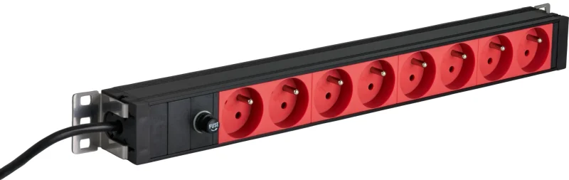 19“ 1HE Steckdosenleiste 8 x CEE 7/5 (UTE) rot, Zuleitung C14, 10A Feinsicherung, schwarz