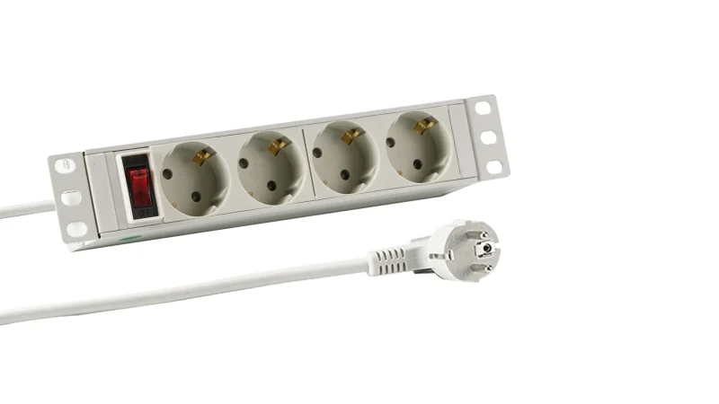 10“ 1HE Steckdosenleiste 4 x CEE 7/3 mit Schalter im Aluprofil, grau