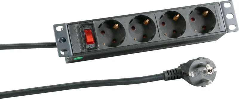 10“ 1HE Steckdosenleiste 4 x CEE 7/3 mit Schalter, im Aluprofil, schwarz