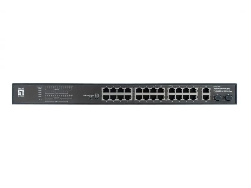 28-Port-Fast Ethernet-PoE-Switch 24 PoE-Ausgänge 2 x Gigabit RJ45 2 x Gigabit SFP