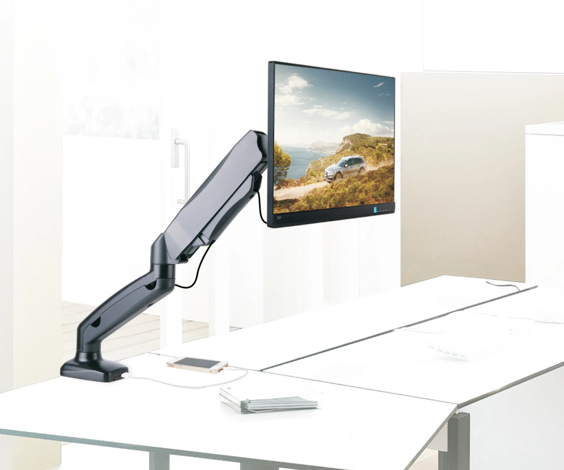 Schreibtischhalterung mit Gasdruckfeder für 1 TV 13"-27", mit USB und Audio – Bild 3
