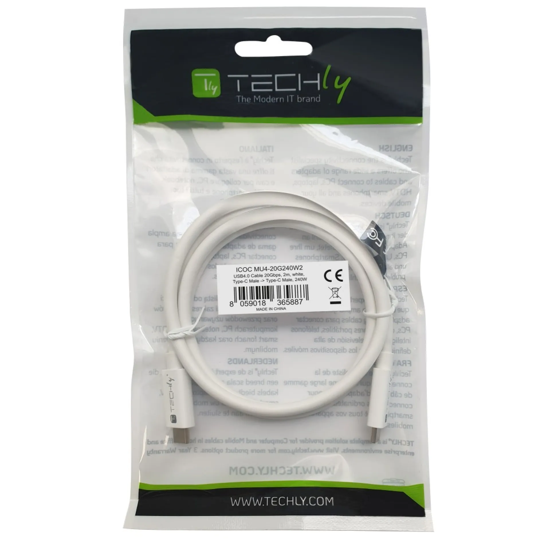 Techly USB4 Gen2 USB-C EPR Kabel 20G 240W zertifiziert 2m weiß – Bild 2