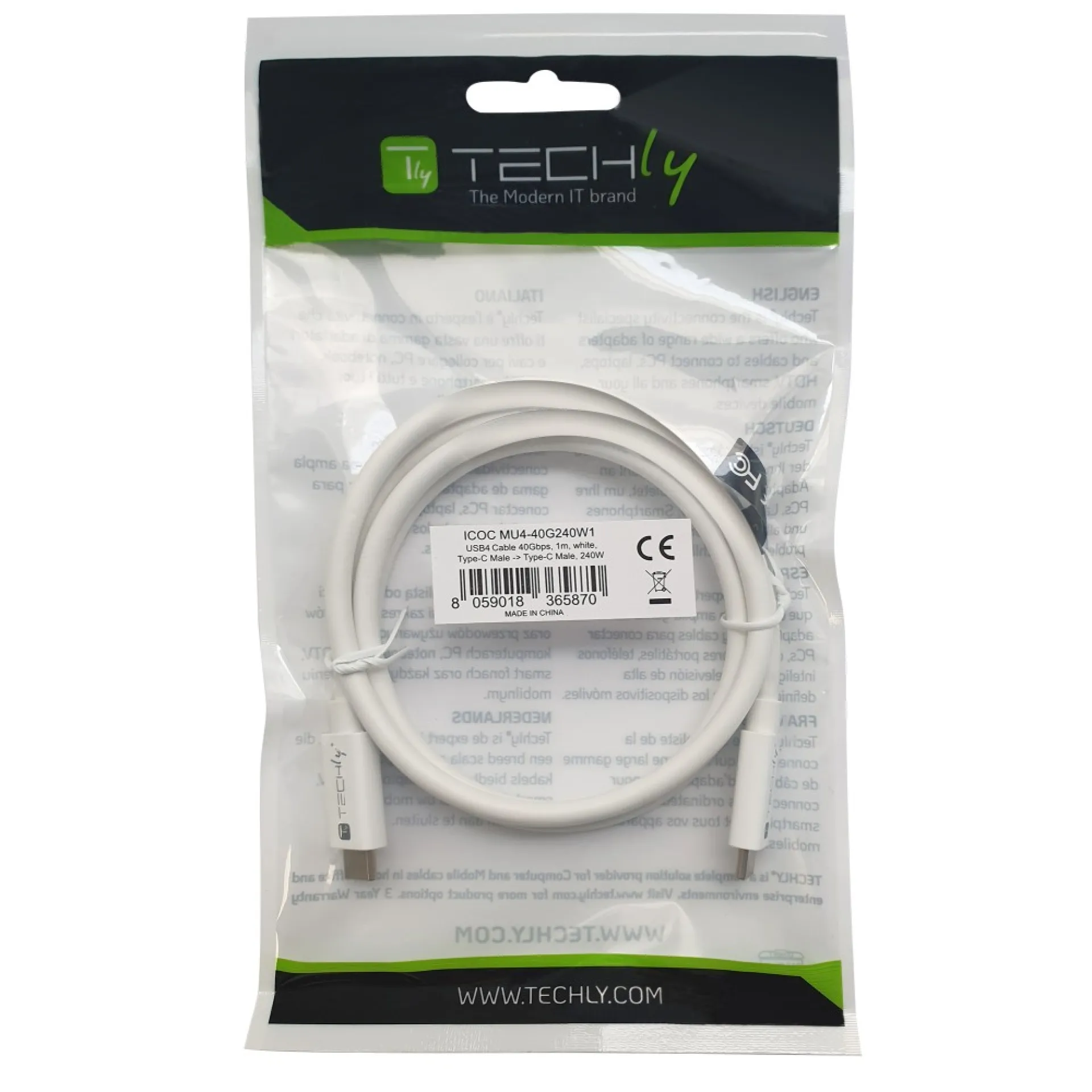 Techly USB4 Gen3 USB-C EPR Kabel 40G 240W 8K zertifiziert 1m weiß – Bild 2