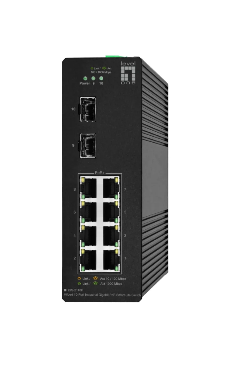 Hilbert 10-Port Industrie Gigabit PoE 2 x SFP 8 PoE Outputs 802.3at/af PoE