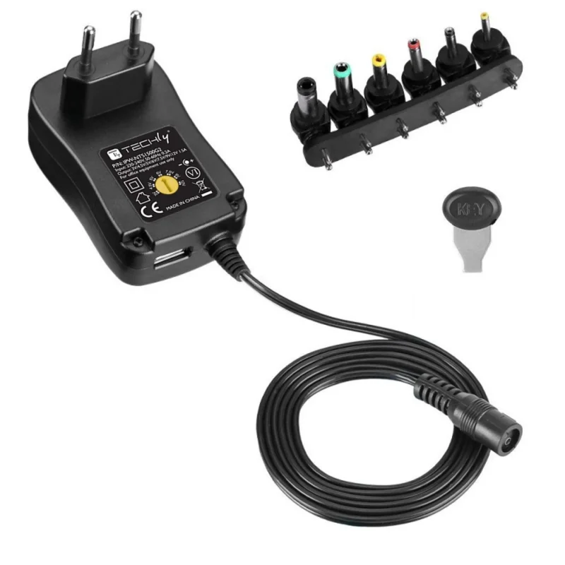 Einstellbares Universalnetzteil 18W AC/DC 3V-12V 1 mit 6 DC-Steckern 1A USB-Anschluss