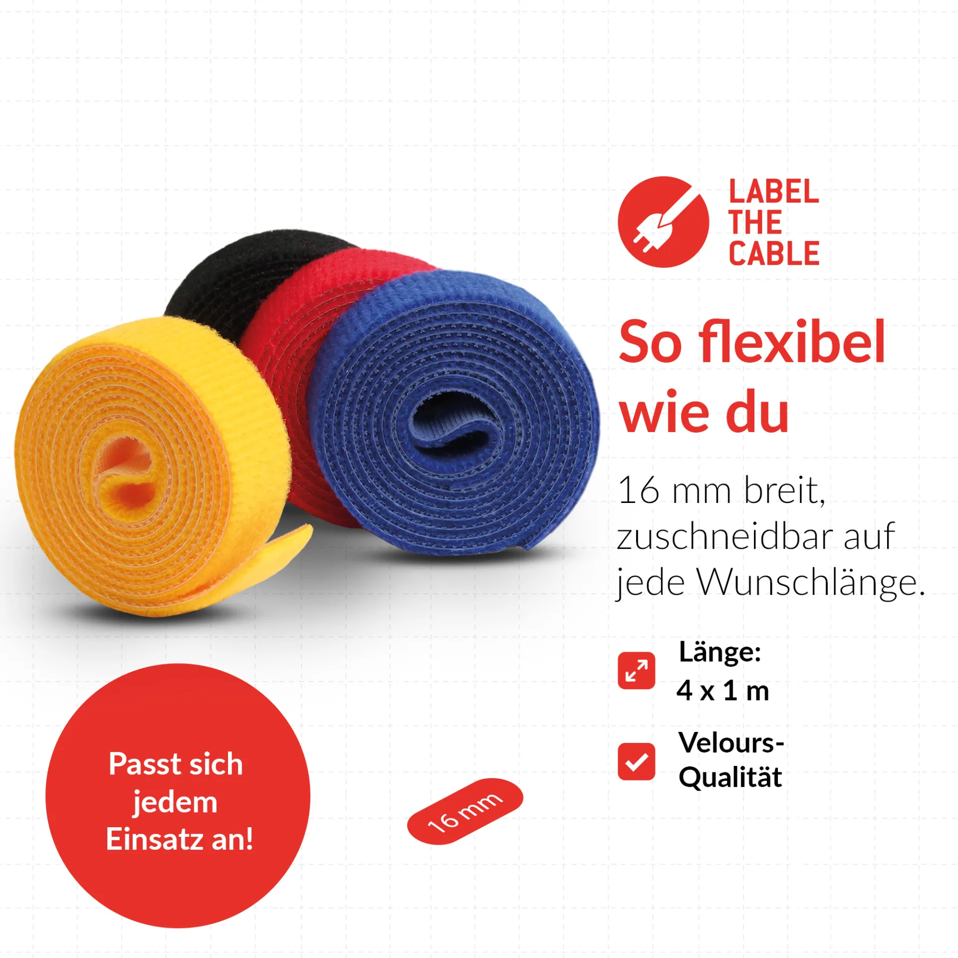 LTC ROLL STRAP, Doppelseitige Klettbandrolle 4x1m schwarz/gelb/blau/rot – Bild 7