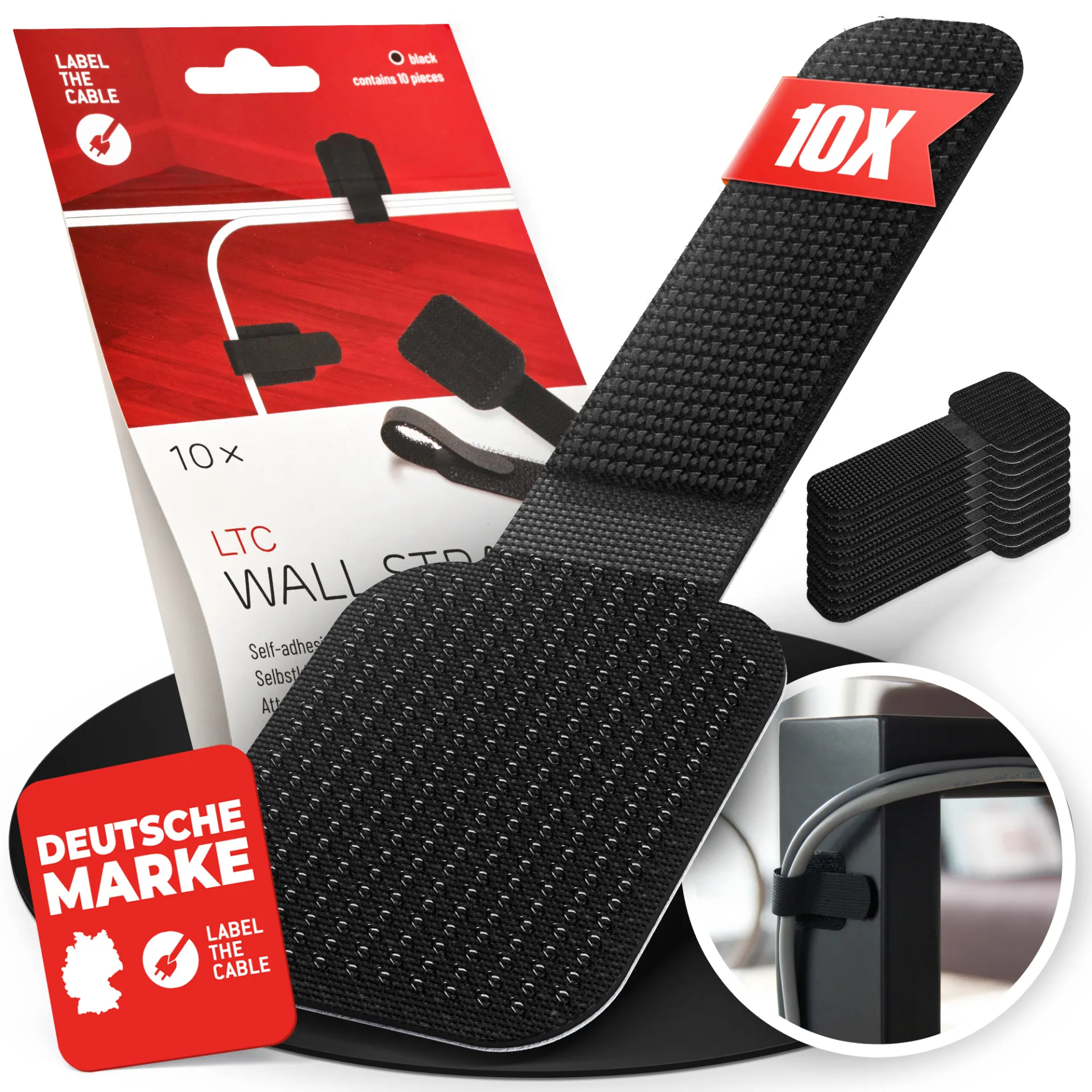 LTC WALL STRAPS Selbstklebende Klettkabelhalter 10 Stück Set schwarz – Bild 4