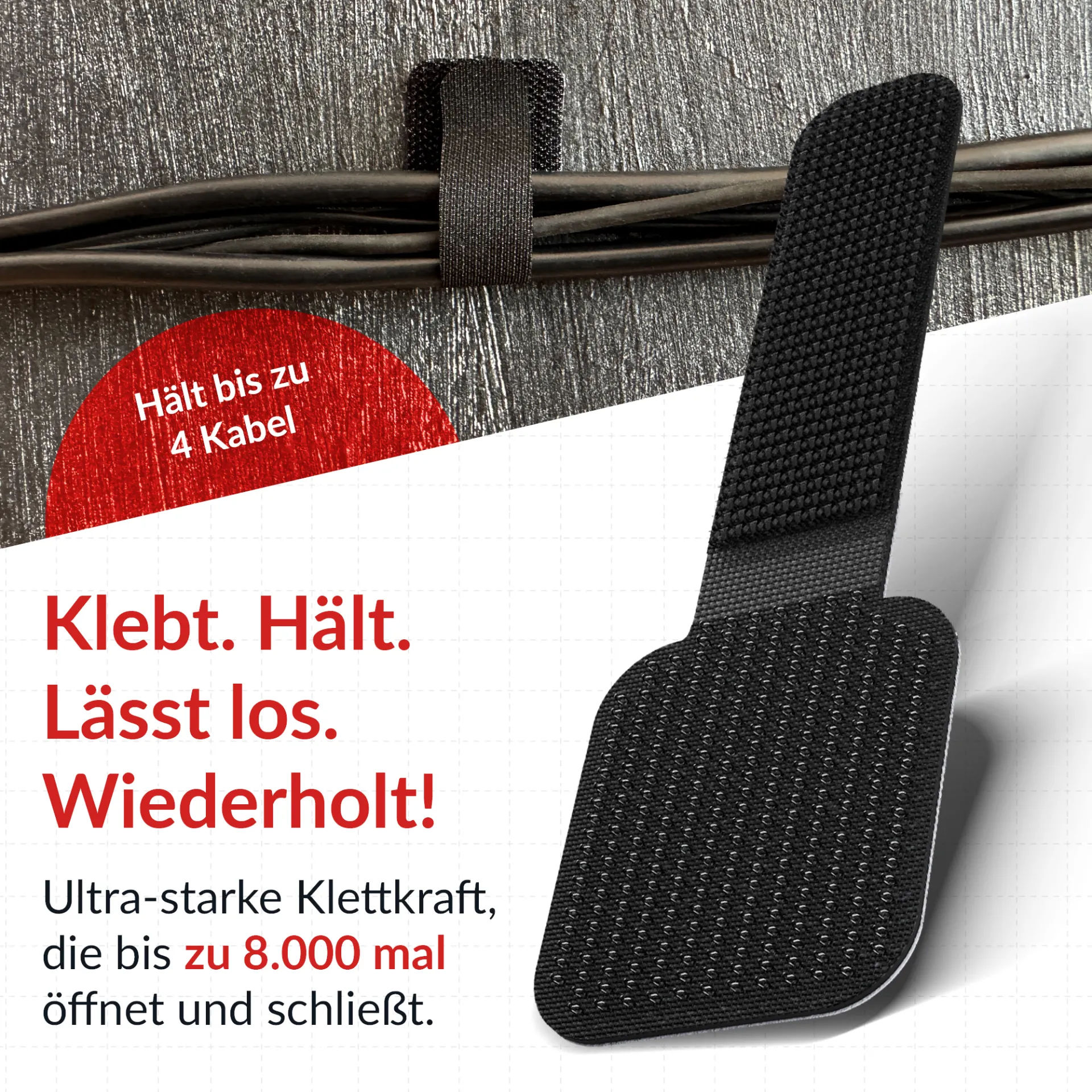 LTC WALL STRAPS Selbstklebende Klettkabelhalter 10 Stück Set schwarz – Bild 5