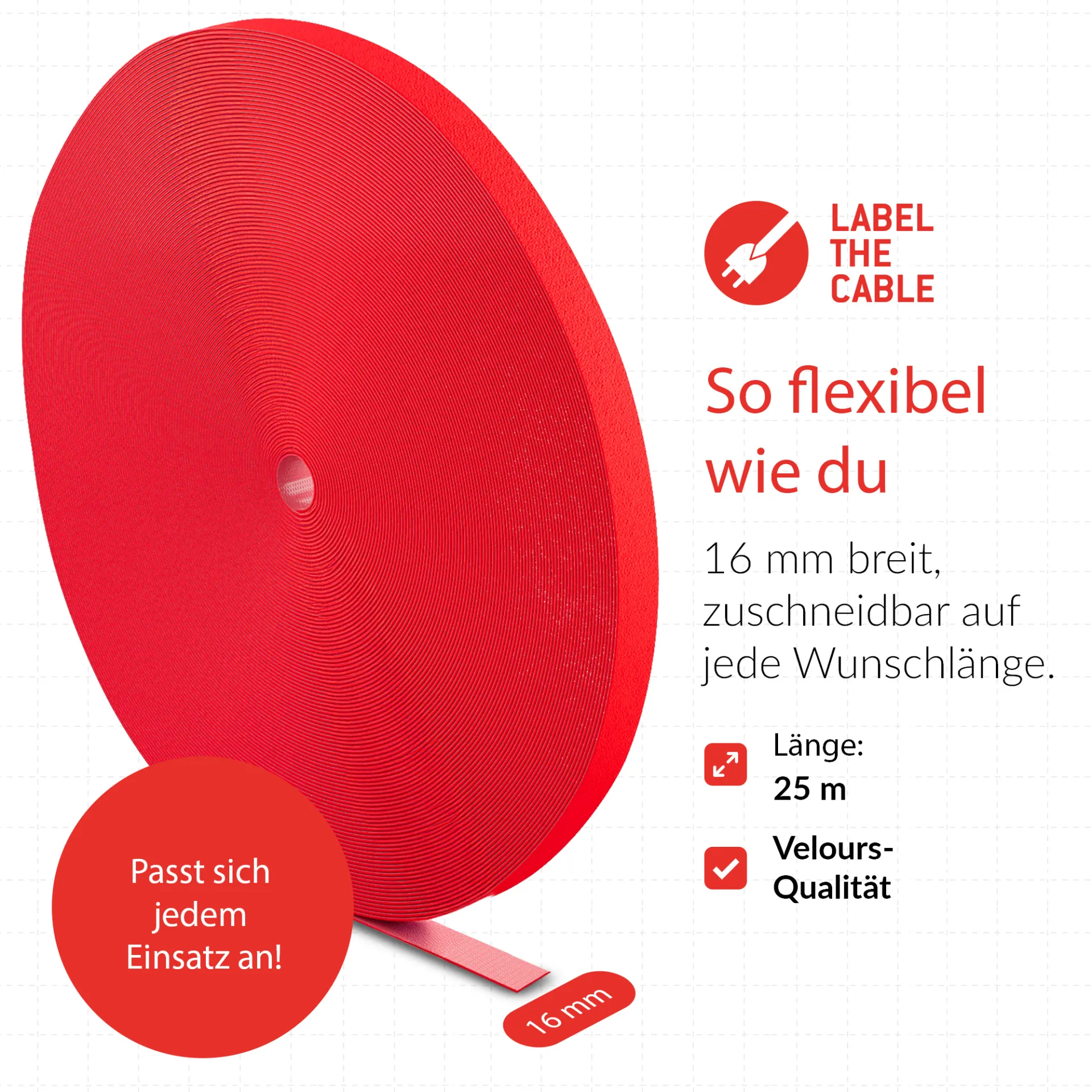 LTC ROLL STRAP, Doppelseitige Klettbandrolle 25m rot – Bild 7