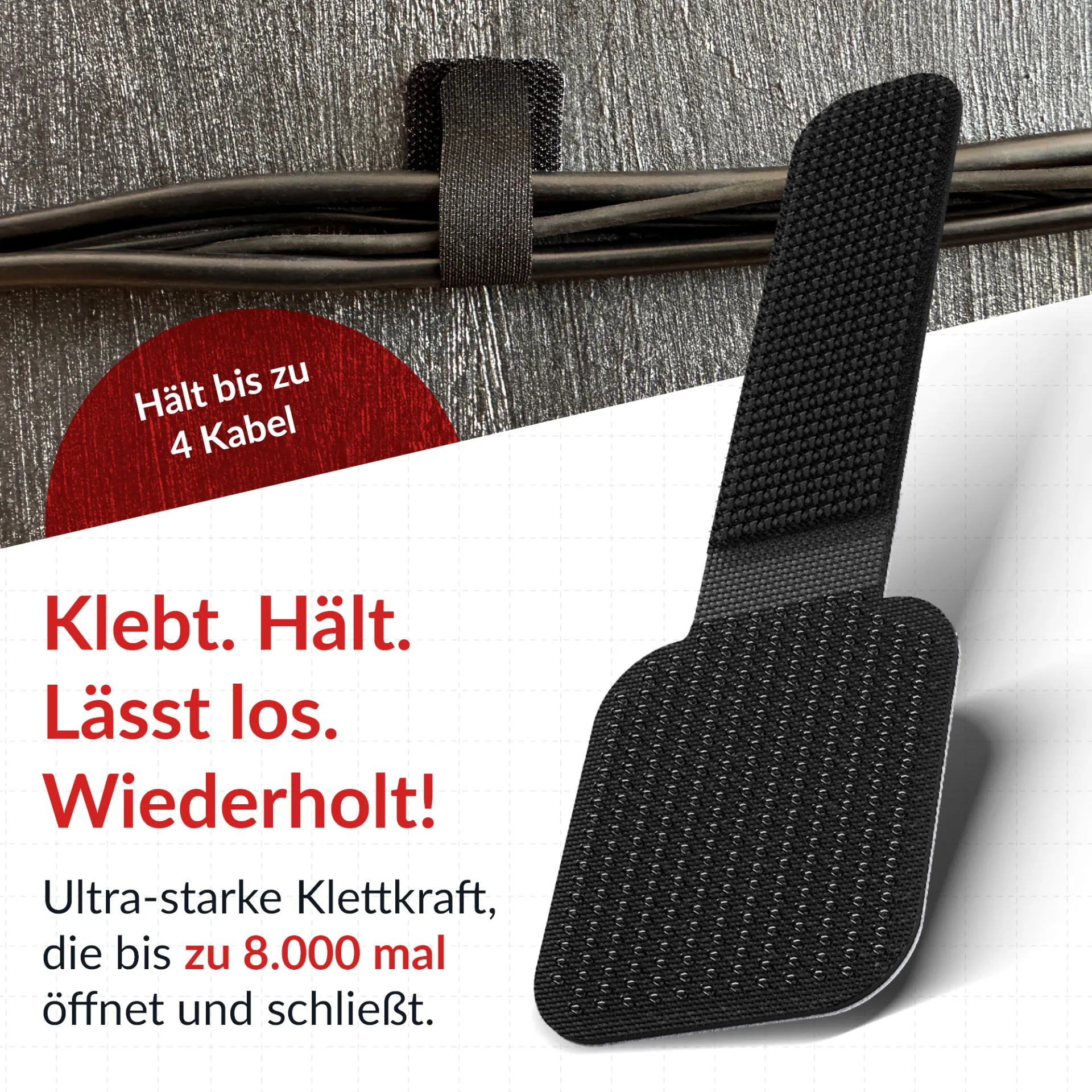 LTC WALL STRAPS Selbstklebende Klettkabelhalter 50 Stück Set schwarz – Bild 5