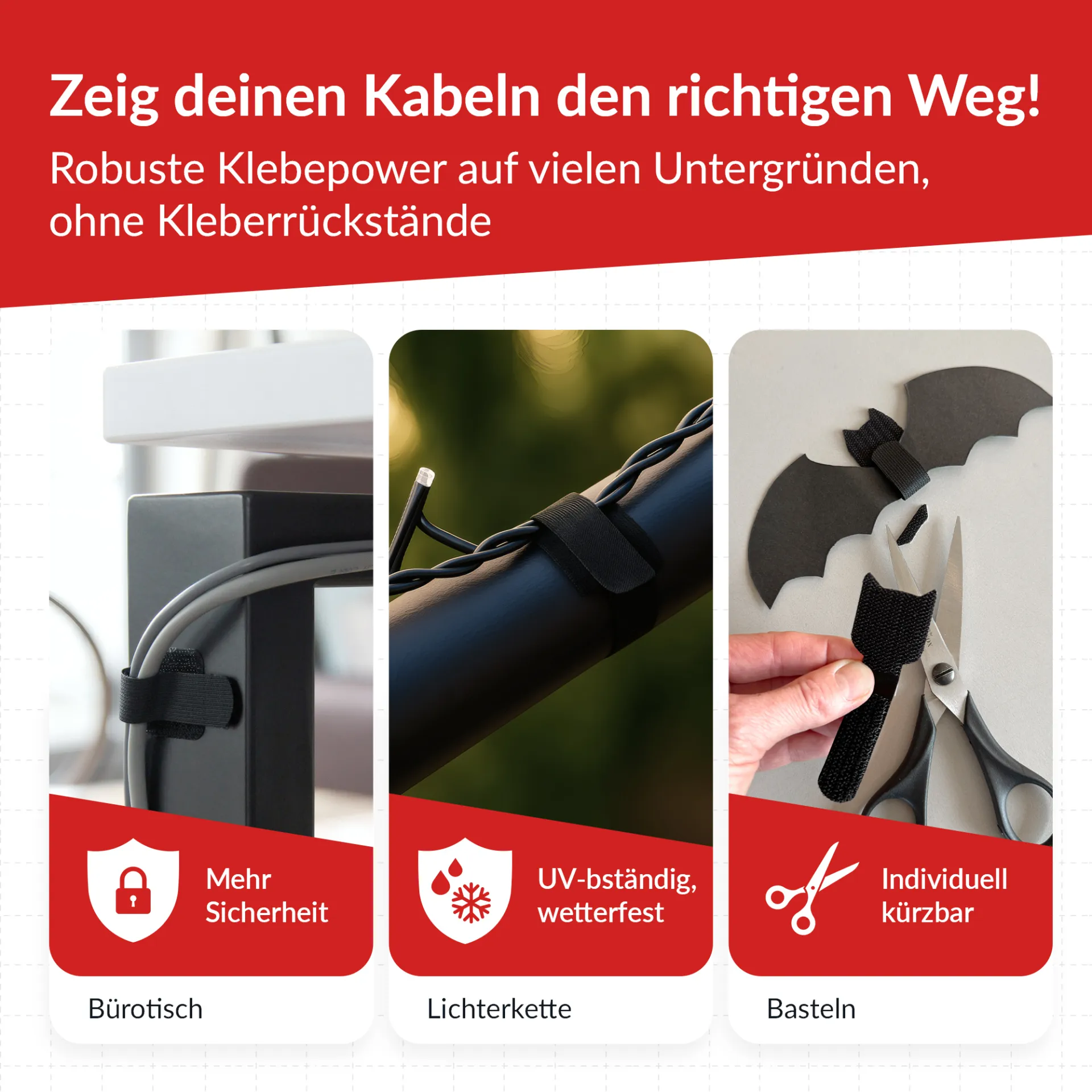 LTC WALL STRAPS Selbstklebende Klettkabelhalter 50 Stück Set schwarz – Bild 6