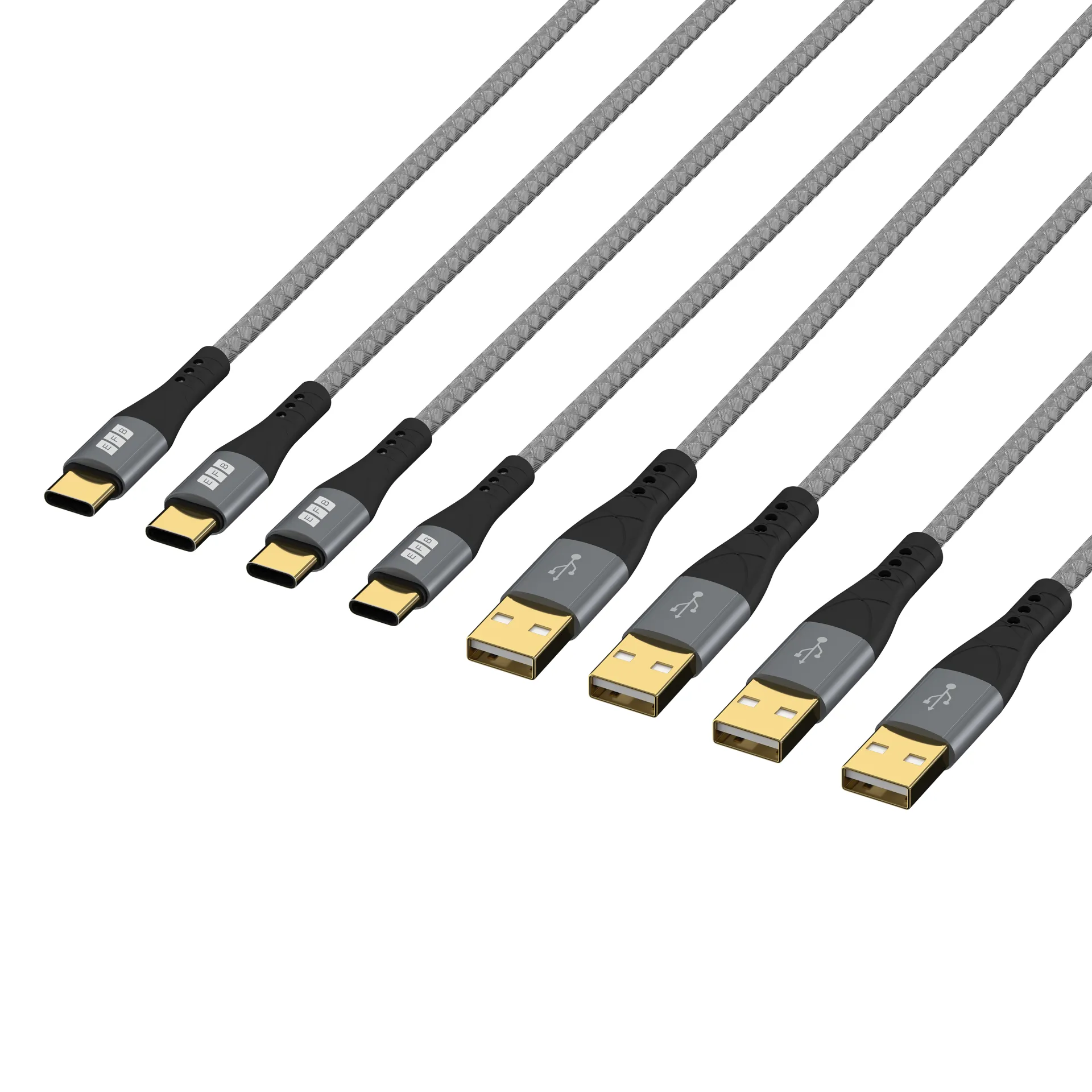 USB-A auf USB-C Kabelset 60W QC 3A 0,5m+1m+2m+3m grau Goldkontakte Textilmantel – Bild 3