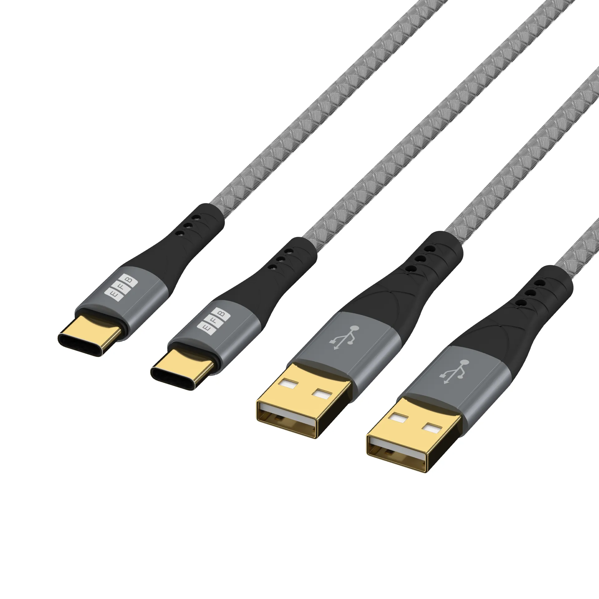 USB-A auf USB-C Kabelset 60W QC 3A 2x2m grau Goldkontakte Textilmantel – Bild 3