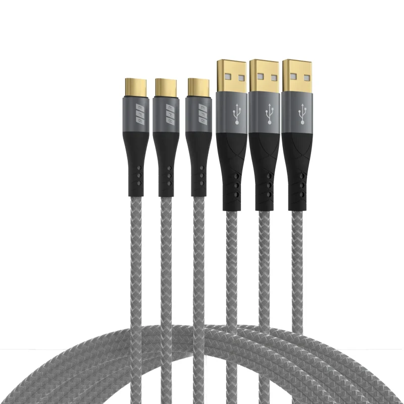 USB-A auf USB-C Kabelset 60W QC 3A 3x2m grau Goldkontakte Textilmantel