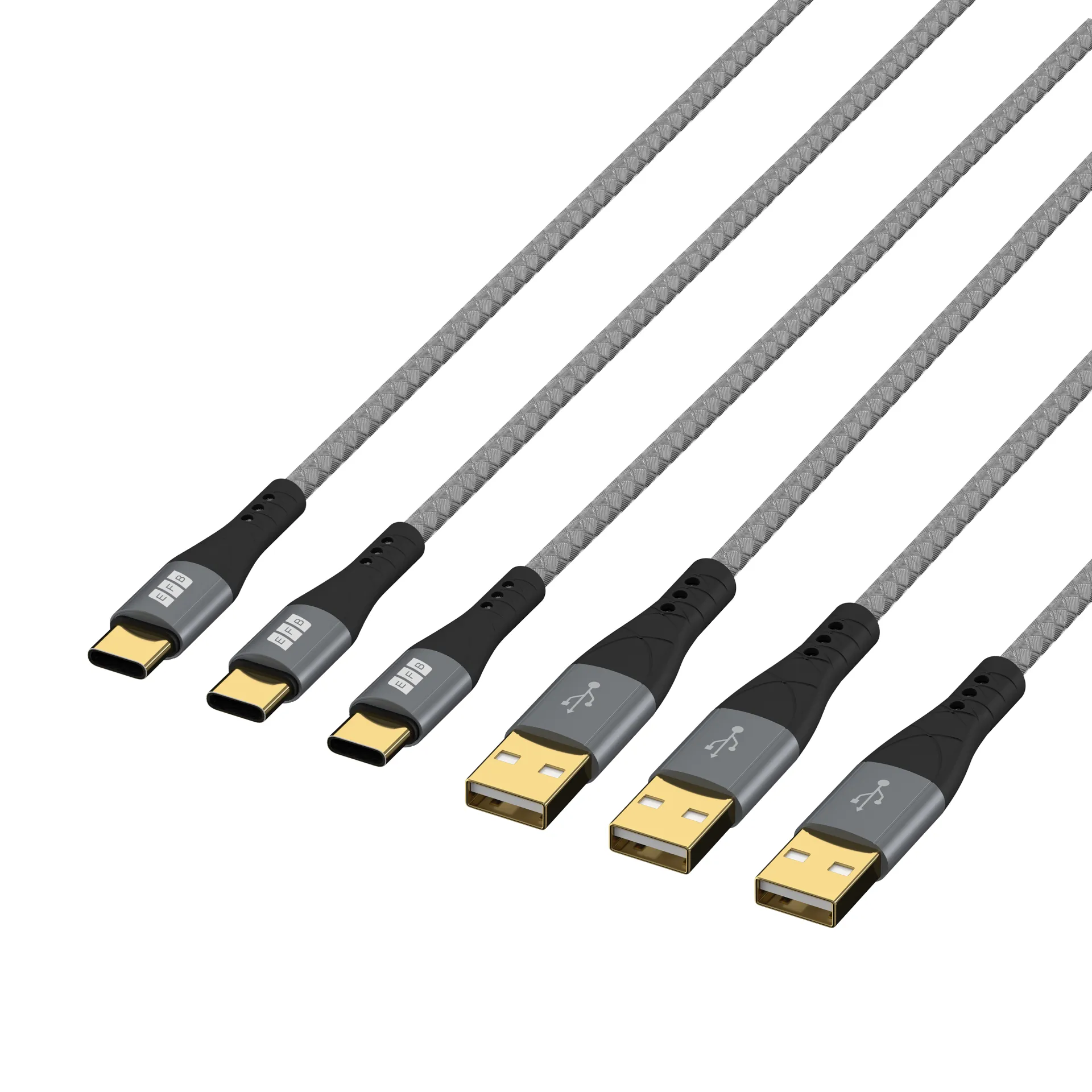 USB-A auf USB-C Kabelset 60W QC 3A 3x2m grau Goldkontakte Textilmantel – Bild 3