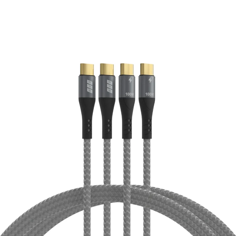USB-C Kabelset 100W PD 3.0 5A E-Marker Chip 2x1m grau Goldkontakte Textilmantel