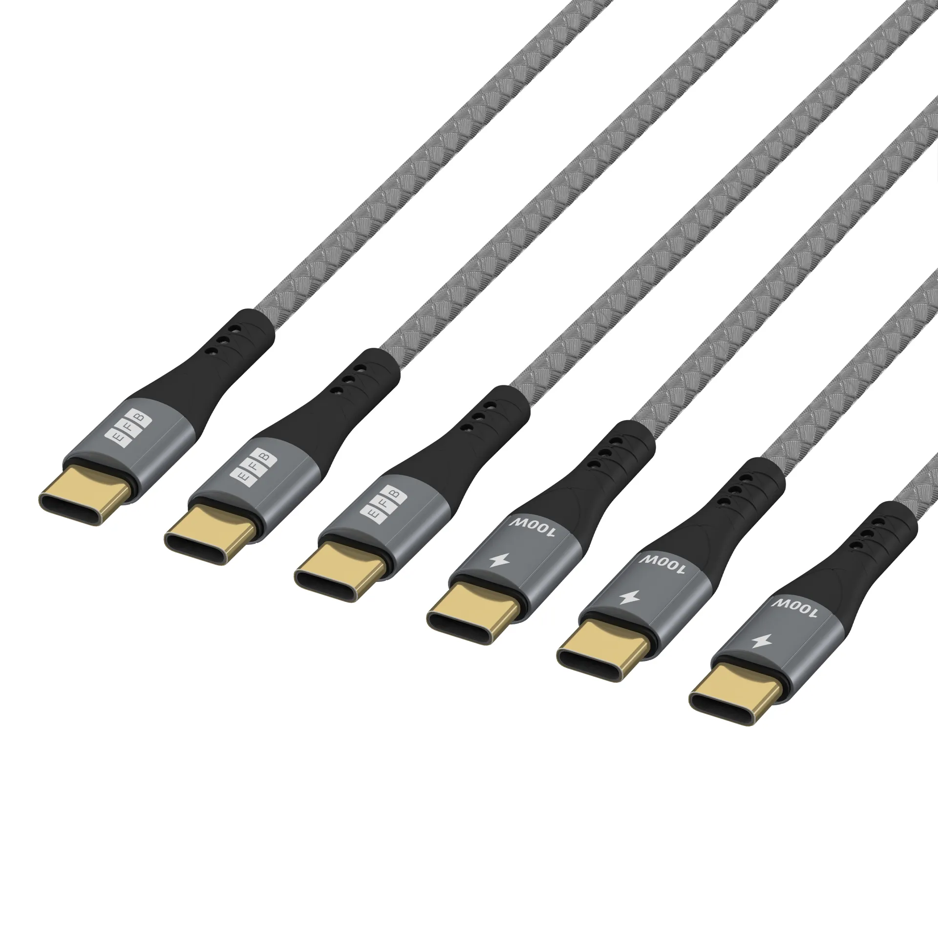 USB-C Kabelset 100W PD 3.0 5A E-Marker Chip 0,5m+1m+2m grau Goldkontakte Textil – Bild 3