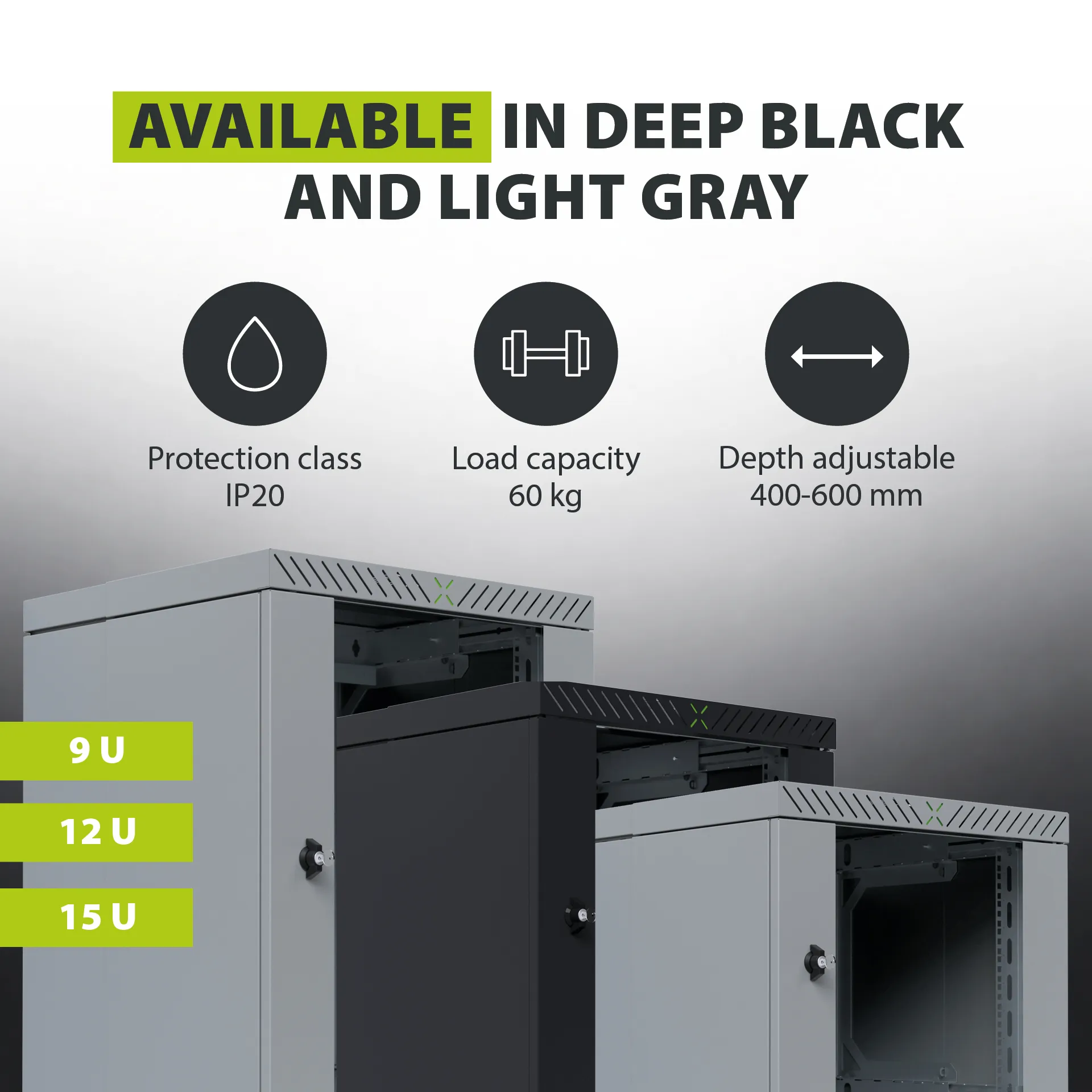 Wandgehäuse X-Rack mit Glastür 400-600mm 15HE schwarz RAL9005 – Bild 5