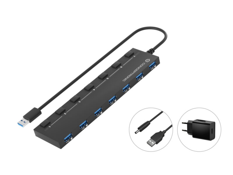 Conceptronic HUBBIES19BP 7-Port USB 3.0 Hub mit 5.0V/3.0A Netzteil, 90cm Kabel, Individual Netzschalter, USB 3.2 Gen 1