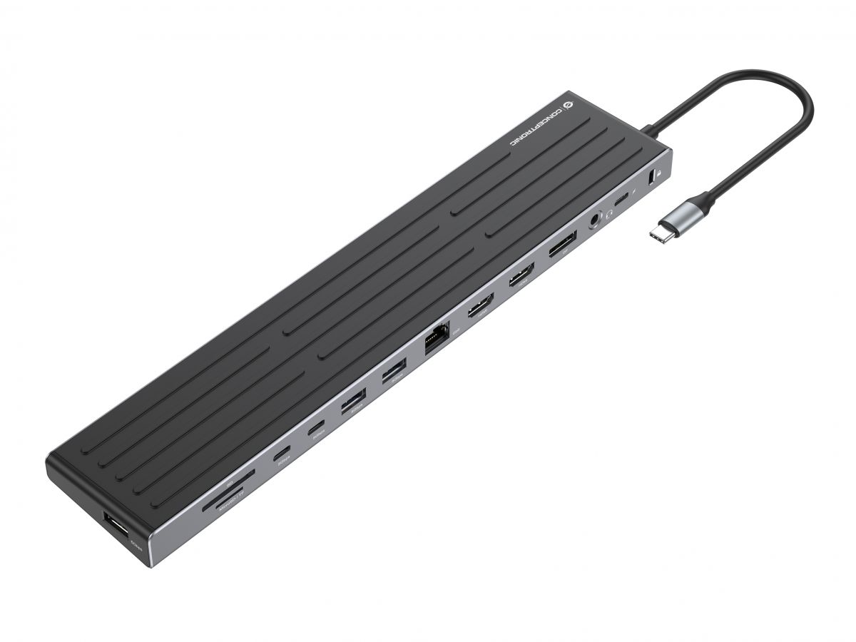 Conceptronic DONN32B 14-in-1 MST Docking Station USB 3.2 Gen 1, HDMI x 2, DP, GbE LAN, USB-A 5Gbps x 3, USB-C 5Gbps x 2, SD, TF/MicroSD, 3.5mm Headset, Sicherheit Steckplatz, 100W USB PD