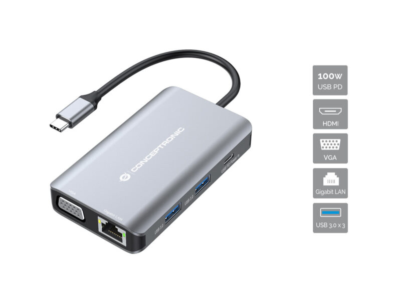 Conceptronic DONN21G 7-in-1 USB 3.2 Gen 1 Docking Station, HDMI, VGA, GbE LAN, USB-A 3.0 x 3, 100W USB PD