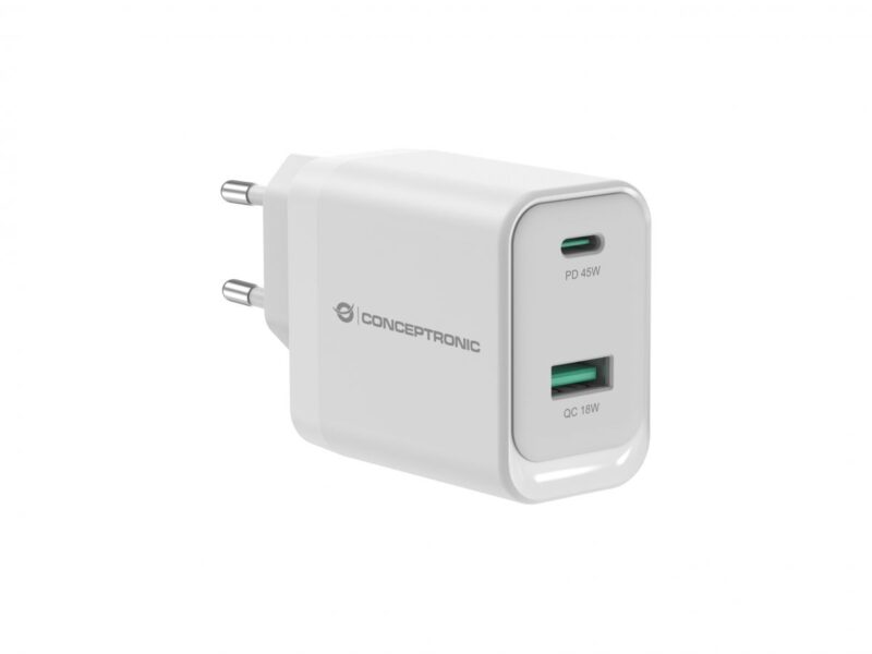 Conceptronic ALTHEA20B45 2-Port 45W GaN USB PD Ladegerät, USB-C x 1, USB-A x 1, QC 3.0, PPS, PD 3.0