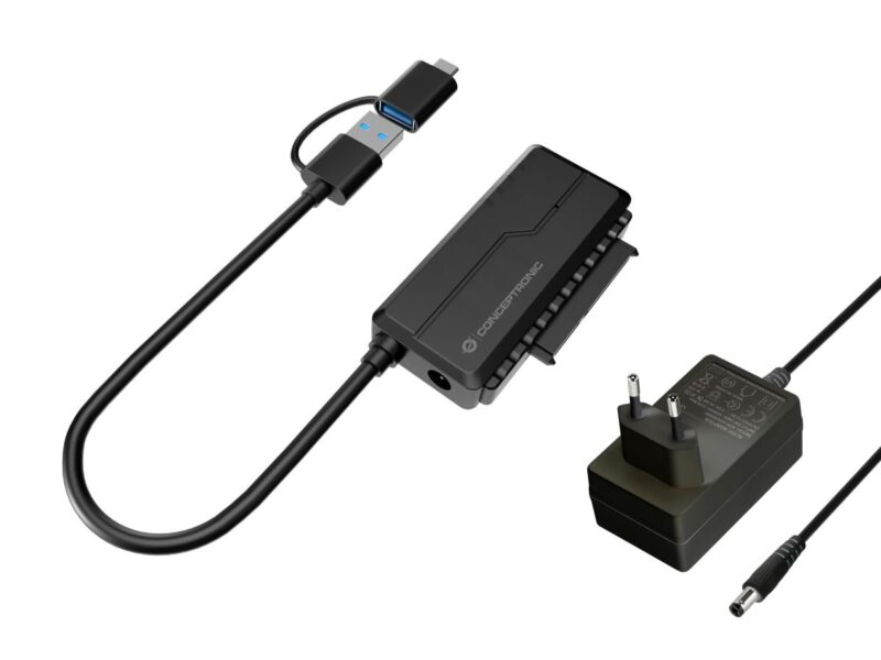 Conceptronic ABBY21B USB 3.0 SATA Adapter mit Netzteil, 2.5″/3.5″ SATA HDD/SSD, 2-in-1 USB C/A Kabel