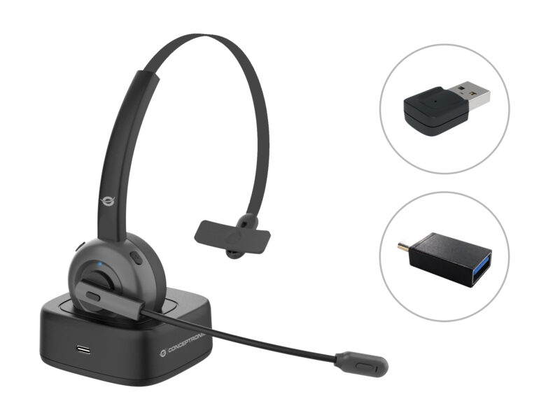 Conceptronic POLONA03BDA Bluetooth Mono Headset mit Ladestation & USB Audio Adapter, Rauschen Cancellation