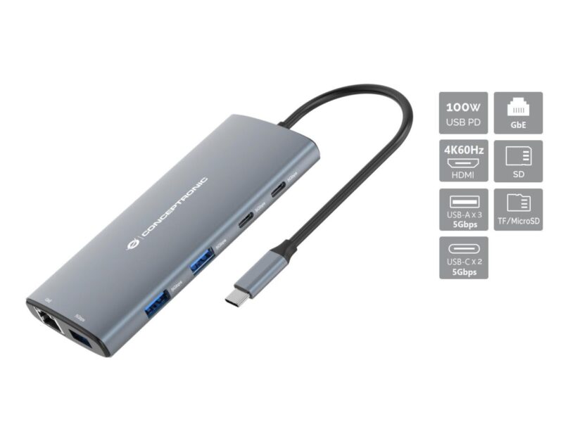 Conceptronic DONN06G 10-in-1 USB 3.2 Gen 1 Docking Station, 4K60Hz HDMI, 100W USB PD, USB-C 5Gbps x 2, USB-A 5Gbps x 3, SD, TF/MicroSD, GbE