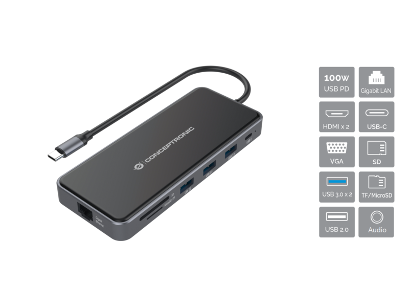 Conceptronic DONN15G 12-in-1 Docking Station USB 3.2 Gen 1, MST, HDMI x 2, VGA, USB-C Daten, USB 3.0 x 2, USB 2.0, SD, TF/MicroSD, Audio, GbE, 100W USB PD