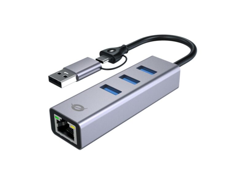 Conceptronic ABBY25G USB-C zu Gigabit Netzwerkadapter mit 3-Port USB-Hub