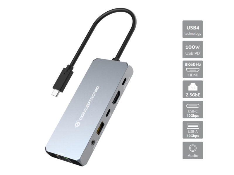 Conceptronic DONN22G 6-in-1 USB4 Docking Station, 40Gbps, 8K 60Hz HDMI, 2.5GbE LAN, USB-A 10Gbps, USB-C 10Gbps, 100W USB PD, Audio