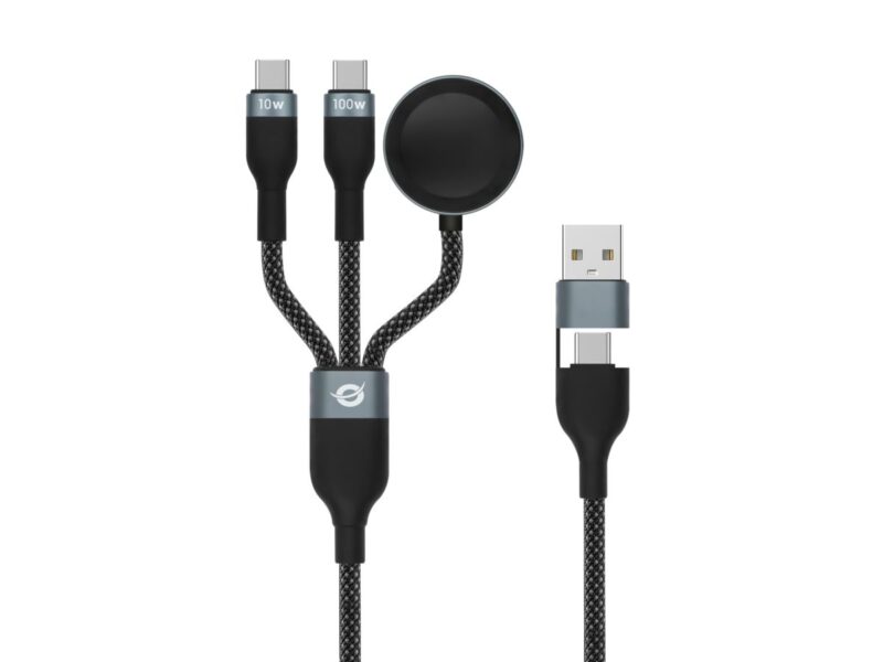 Conceptronic ETTA08B15 3-in-1 100W Schnellladen Datenkabel 1.5m, USB-C, Apple Watch Ladegerät, USB 2.0, 5A, E-Mark